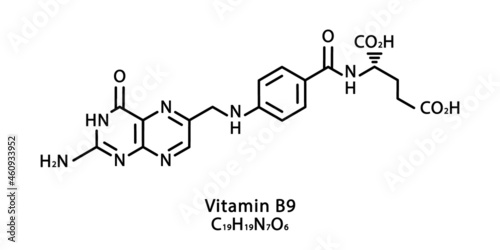 Vitamin B9 Folic acid molecular structure. Vitamin B9 Folic acid skeletal chemical formula. Chemical molecular formulas