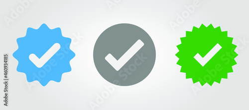 Set of social media verified icons. Tick in circle with zigzag. Instagram check in star. Youtube approval sign. Internet top rank stamp. Mark of  most popular profile in web. Vector illustration. photo