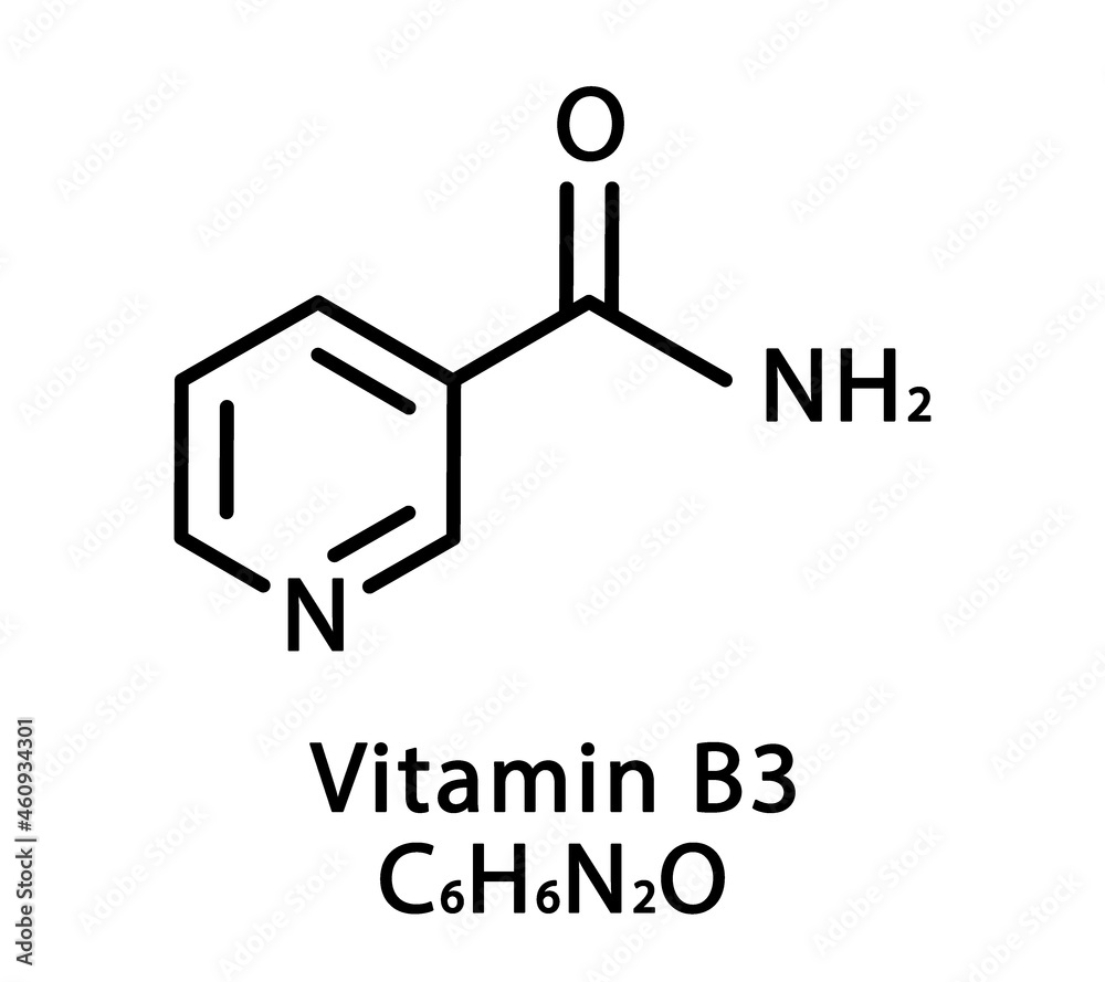 Vitamin B3 Nicotinamide molecular structure. Vitamin B3 Nicotinamide skeletal chemical formula. Chemical molecular formulas Vitamin B3 Nicotinamide molecular structure. Vitamin B3 Nicotinamide skeletal chemical formula. Chemical molecular formulas
