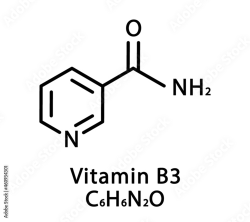 Vitamin B3 Nicotinamide molecular structure. Vitamin B3 Nicotinamide skeletal chemical formula. Chemical molecular formulas