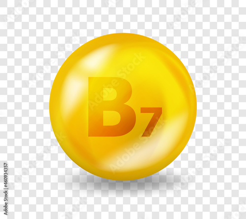 Vitamin B7 Biotin. Vitamin complex illustration concept. B7 Biotin pill capsule. 3D Yellow drug nutrition design