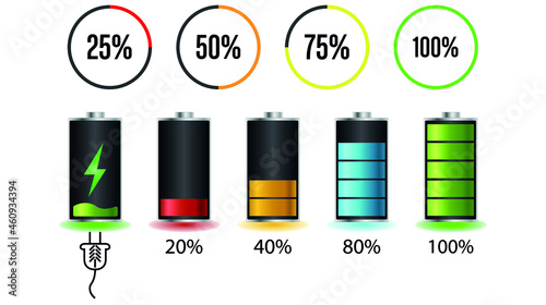 Battery charge gauge icon set. Charge Level vector icon Battery power 20% 40% 80% and 100% running powerfully low status batteries charged set logo Empty charge level charging bar