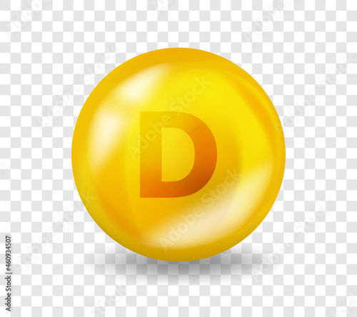 Vitamin D. Vitamin complex illustration concept. D pill capsule. 3D Yellow drug nutrition design