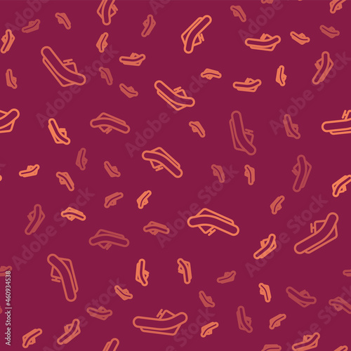 Brown line Rafting boat icon isolated seamless pattern on red background. Inflatable boat with paddles. Water sports, extreme sports, holiday, vacation. Vector