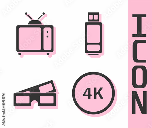 Set 4k Ultra HD, Retro tv, 3D cinema glasses and USB flash drive icon. Vector