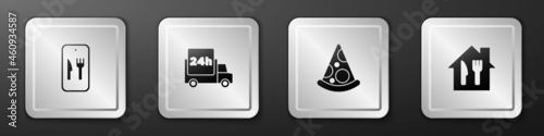 Set Online ordering and delivery, Fast by car, Slice of pizza and icon. Silver square button. Vector