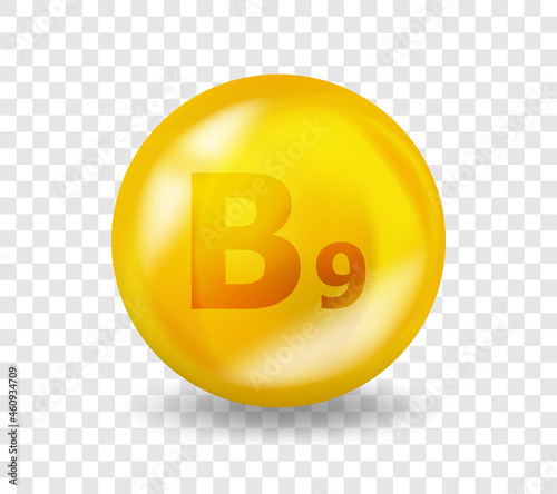 Vitamin B9 Folic acid. Vitamin complex illustration concept. B9 Folic acid pill capsule. 3D Yellow drug nutrition design.