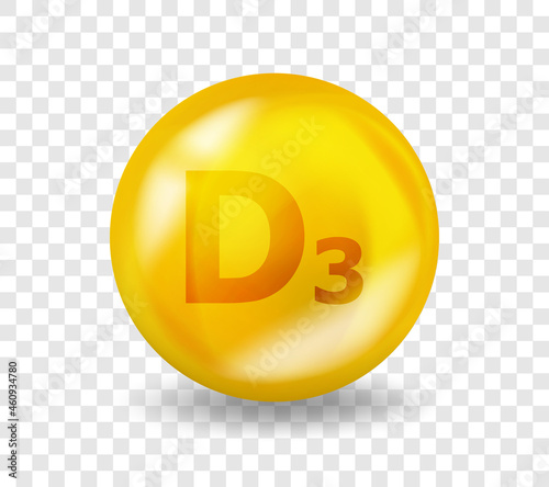Vitamin D3 Cholecalciferol. Vitamin complex illustration concept. D3 Cholecalciferol pill capsule. 3D Yellow drug nutrition design