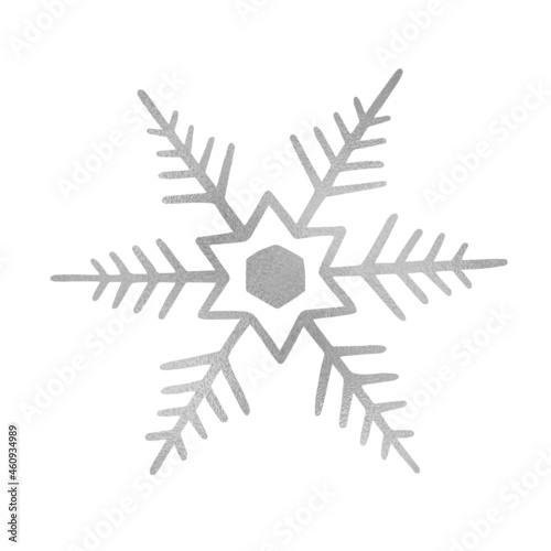 Silver snowflake for winter design. Hand drawn snowflake isolated on whit background. Silver snowflake icon. Drawing snow. Symbol winter texture. Ice crystal. Vector illustration