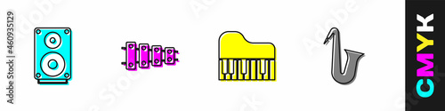 Set Stereo speaker, Xylophone, Grand piano and Musical instrument saxophone icon. Vector