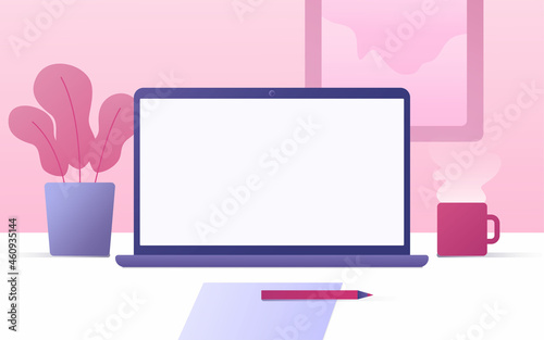 Laptop with white screen on the table, front view. Table workspace with laptop, cup of hot drink, pencil, paper and house plant. Vector flat style illustration