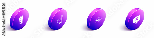 Set Isometric Sunscreen cream in tube, Diving mask and snorkel, Man hat with ribbon and Speech bubble airplane icon. Vector