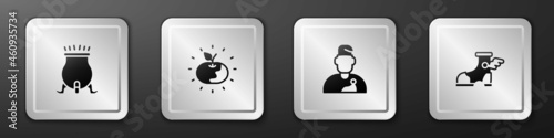 Set Witch cauldron, Poison apple, Wizard warlock and Hermes sandal icon. Silver square button. Vector