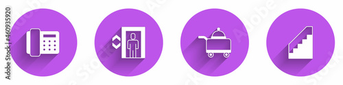 Set Telephone handset, Lift, Covered with tray of food and Stairs icon with long shadow. Vector