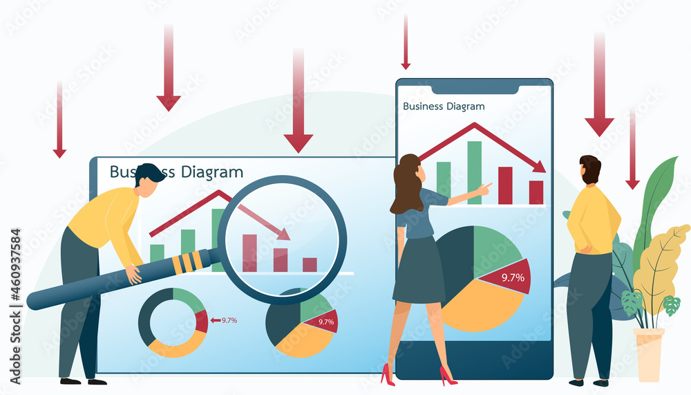 Business team are analyzing and processing economic crises and business growth. Business and market crisis depression. Graph crisis. Team work. vector illustration. Business team are analyzing and processing economic crises and business growth. Business and market crisis depression. Graph crisis. Team work. vector illustration.