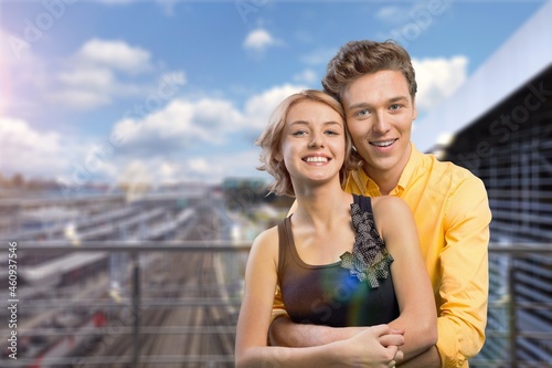 Portrait of a happy couple embracing and looking in love standing