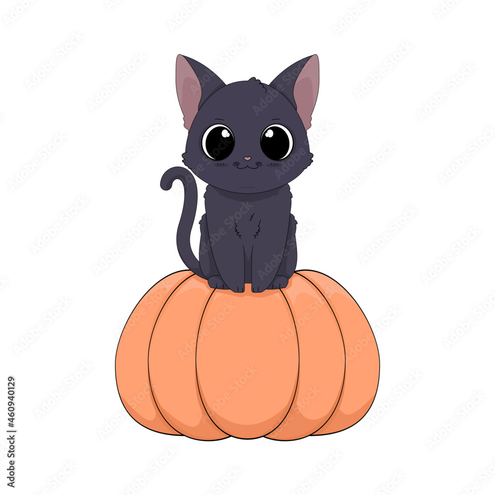 Słodki czarny kot siedzący na pomarańczowej dorodnej dyni. Halloween. Cukierek albo psikus! Uroczy ręcznie rysowany mały kotek. Ilustracja wektorowa. - obrazy, fototapety, plakaty 