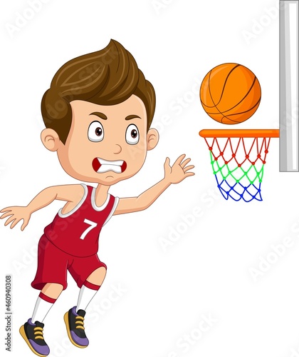Cartoon little boy playing basketball