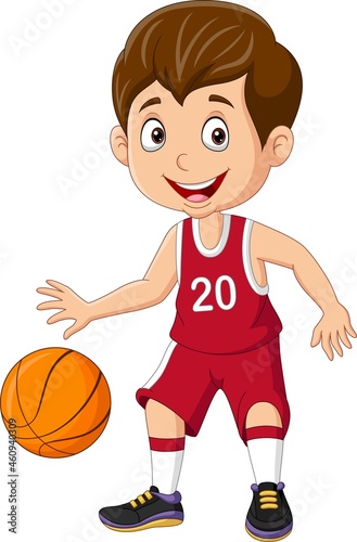 Cartoon little boy playing basketball