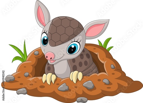Cartoon cute baby armadillo out of a hole