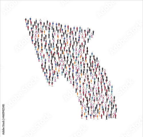 Crowd of flat illustration people forming the right arrow symbol on white background. Vector illustration