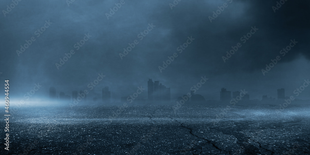 3D rendering wet asphalt of neon lights dark background scene of empty street city and rain cloud.