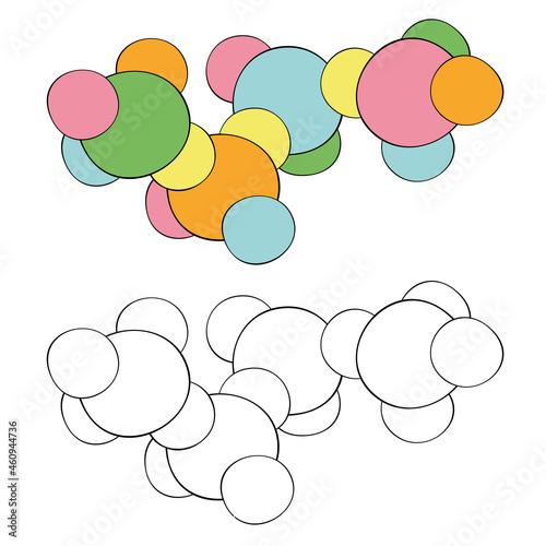 An outline vector illustration of colorful molecules sets isolated on white background. Designed for medical, chemical, science concepts and as a coloring book page.