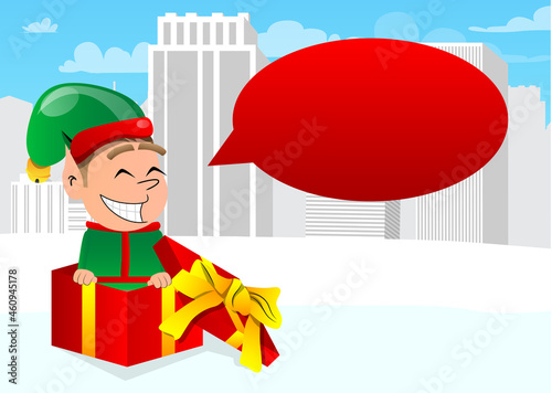 Christmas Elf in a gift box. Vector cartoon character illustration of Santa Claus's little worker, helper.