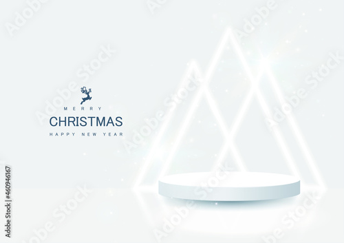 Stage podium decorated with neon lighting triangle shape. Abstract Christmas mock-up scene. Light blue 3d circle pedestal for a product, show, award, winner. Xmas day background. Vector illustration.
