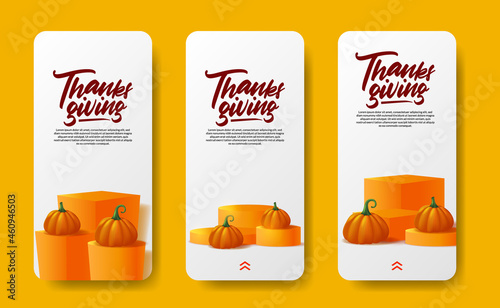 Thanksgiving social media stories 3d realistic pumpkin vegetable with autumn fall maple leaves on the podium stage product display