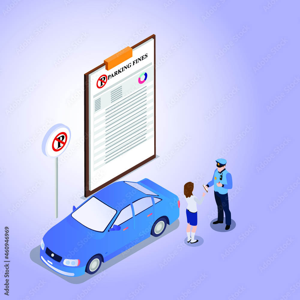 Police officer writing a fine to driver for illegal parking isometric vector illustration concept for banner, website, landing page, ads, flyer Police officer writing a fine to driver for illegal parking isometric vector illustration concept for banner, website, landing page, ads, flyer