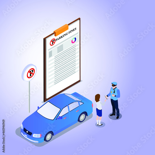 Police officer writing a fine to driver for illegal parking isometric vector illustration concept for banner, website, landing page, ads, flyer