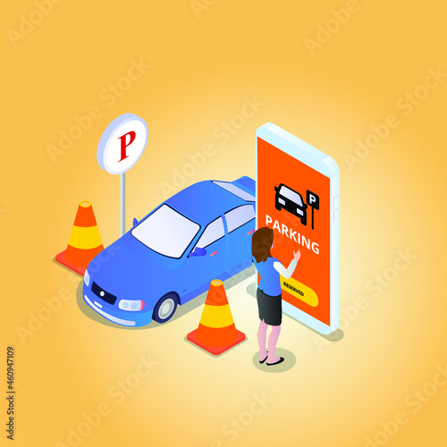Woman pay parking ticket online 3d isometric vector illustration concept for banner, website, landing page, ads, flyer