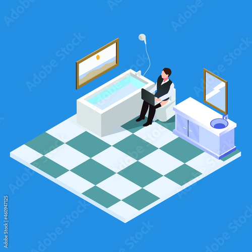 Businessman works in toilet 3d isometric vector illustration concept for banner, website, landing page, ads, flyer