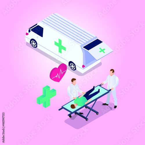 Emergency vehicle to pick up the injured in a car accident 3d isometric vector illustration concept for banner, website, landing page, ads, flyer