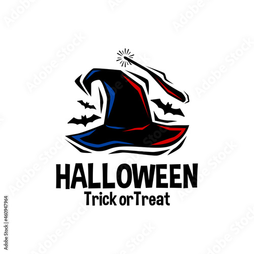 illustration of a witch hat, magic wand and bats. halloween vector logo. illustration horror vector template.