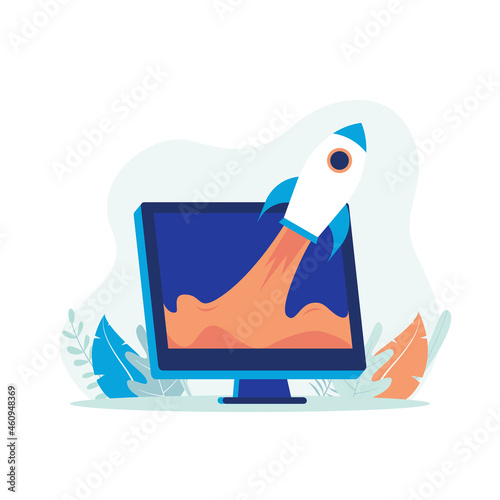 Startup launch illustration. Computer with launched rocket vector. Flat design suitable for many purposes.