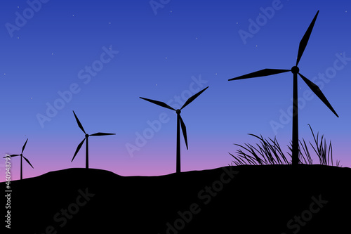 Green energy concept. Landscape view of silhouette wind power turbine with sunset in background. Vector and illustration design.