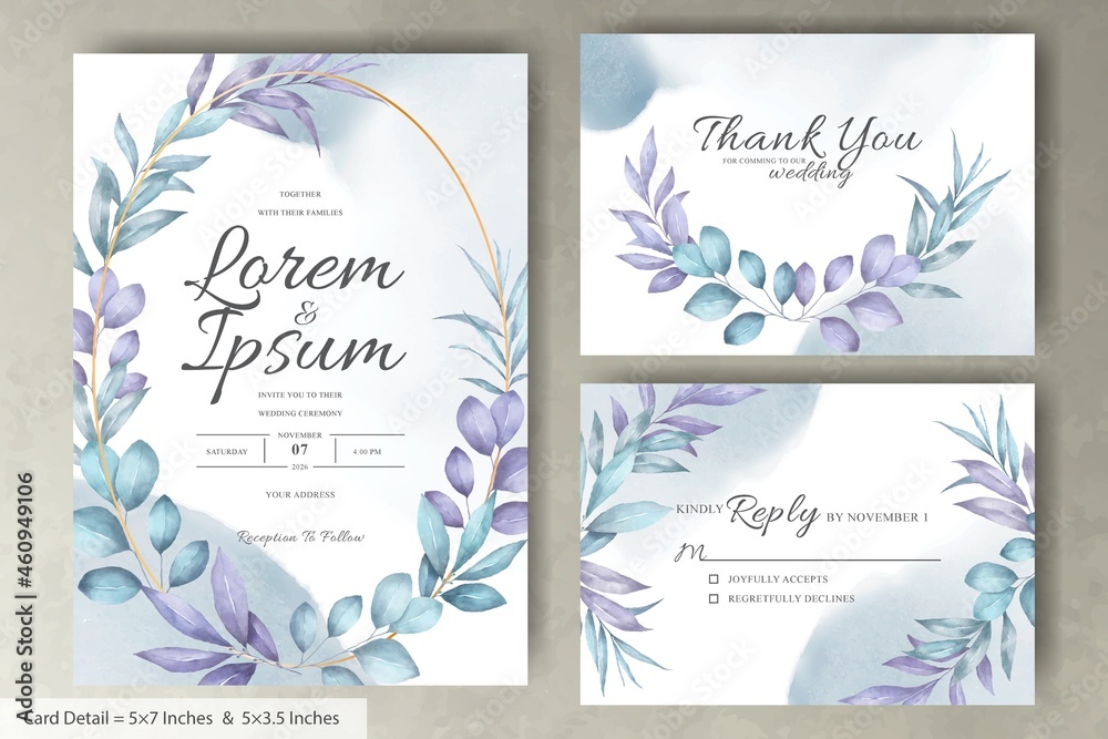 Set of Watercolor Floral Wreath Wedding Invitation Card Template with Hand Drawn Floral