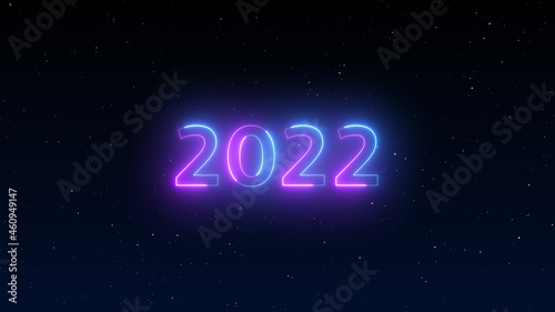 number 2022 neon light bright glowing. 2022 happy New Year dark night sky background with decoration with neon number  on Purple and blue background. illustration winter holiday greeting card template