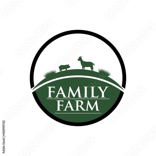 Vector family farm logo type. Poster of organic products, animal husbandry. Eco-friendly food sign.