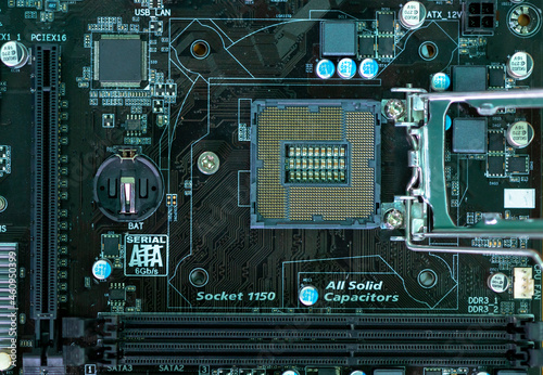 Complex Mainboard electronic circuits of computer, A powerful computer processor and a modern motherboard.