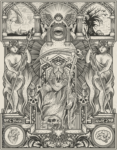 illustration king satan on gothic engraving ornament style