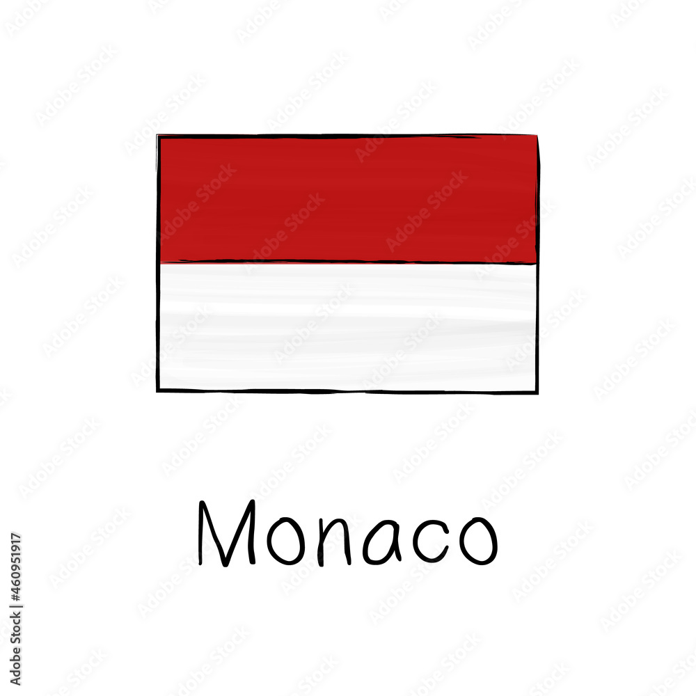 Monaco flag with outline and signature isolated on a white background. Hand drawn color vector illustration in sketch style. Monaco flag with outline and signature isolated on a white background. Hand drawn color vector illustration in sketch style.
