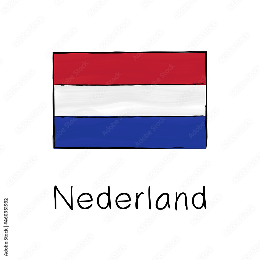 Nederland flag with outline and signature isolated on a white background. Hand drawn color vector illustration in sketch style. Nederland flag with outline and signature isolated on a white background. Hand drawn color vector illustration in sketch style.