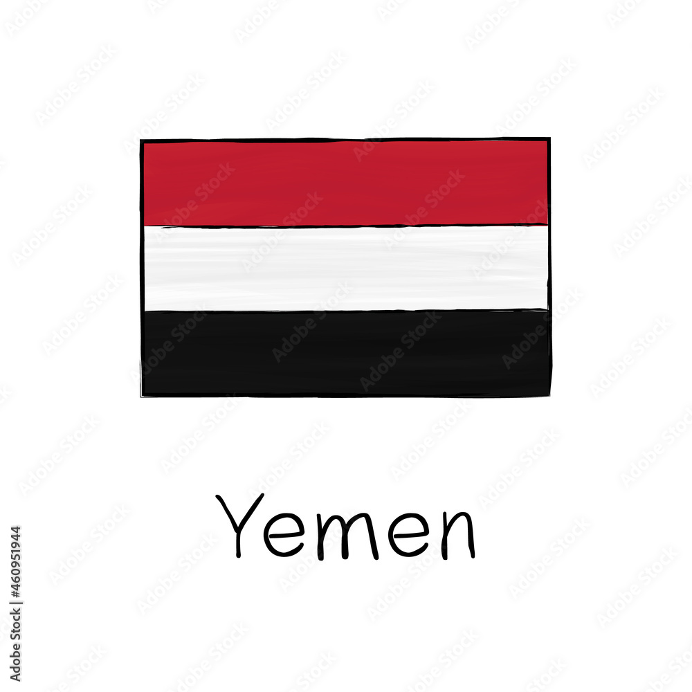 Yemen flag with outline and signature isolated on a white background. Hand drawn color vector illustration in sketch style. Yemen flag with outline and signature isolated on a white background. Hand drawn color vector illustration in sketch style.