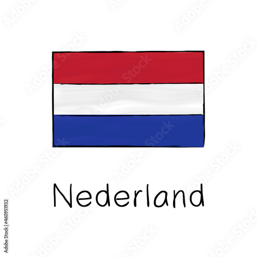 Nederland flag with outline and signature isolated on a white background. Hand drawn color vector illustration in sketch style.