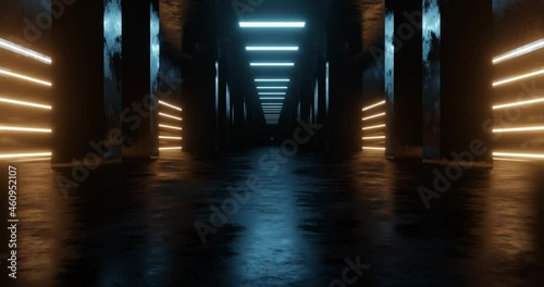3d rendering seamless loop motion of dark metal corridor with blue and yellow neon light.