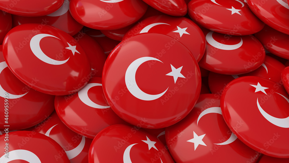 3d rendering of a lot of badges with the Turkish flag in a close up view 3d rendering of a lot of badges with the Turkish flag in a close up view
