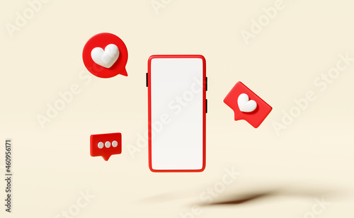 Fototapeta Naklejka Na Ścianę i Meble -  mobile phone,smartphone with like red heart icons,social media,like notifications on beige background.health love,world heart day,valentine's day concept,3d illustration,3d render